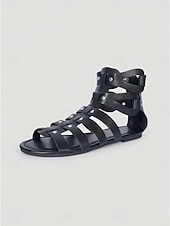 abordables Femmes-Sandales gladiateur noires cloutées pour femmes - sandales plates à brides tendance avec rivets argentés, idéales pour les festivals de musique d'été et les concerts rock. &amp;style bohème de rue