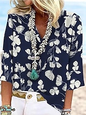 billige Blomstrete bluser-Dame Bluse Trykt mønster Blomstret Grafisk Elegant Stilfull Fritid 3/4 ermer V-hals Vanlige topper Avslappet Daglig Ut på byen Blå Hvit Gul Grønn Sommer Vår Høst