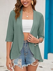 זול ז'קטים מזדמנים-בגדי ריקוד נשים ז'קט קז'ואל נוח נושם לגזור יום יומי אחיד חופשה רחוב לבוש יומיומי ליציאה חזית פתוחה רגיל ללא צווארון רגיל שרוול 4\3 הלבשה עליונה שחור לבן ורוד מסמיק אביב סתיו