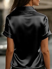 voordelige Effen t-shirt-Dames Satijnen overhemd Blouse Effen Kleur Elegant Stijlvol Basic Korte mouw Overhemdkraag Normale tops Casual Dagelijks Kantoor blauw Zwart Rood Abrikoos Zomer Lente