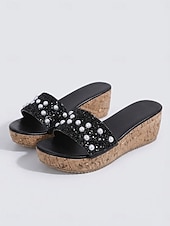 abordables Sandales compensées-Sandales compensées élégantes pour femmes, ornées de fausses perles noires, idéales pour les croisières et les soirées sur le pont. &amp;vêtements de villégiature de luxe