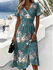 Χαμηλού Κόστους Casual Floral Φορέματα-Γυναικεία Μίντι φόρεμα Φόρεμα ριχτό Διακοπές Καθημερινό Μπόχο Καθημερινά Καλοκαιρινό φόρεμα Ανοιξιάτικο φόρεμα Κανονικό Φλοράλ Γραφική Κοντομάνικο Στρογγυλή Ψηλή Λαιμόκοψη Λαιμόκοψη V