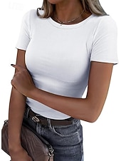 cheap Plain tee-Women's Blouse Solid Color Vintage Stylish Basic Short Sleeve Round Neck Regular Tops Daily Blue Black White Pink Purple Summer Spring
