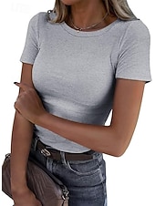 cheap Plain tee-Women's Blouse Solid Color Vintage Stylish Basic Short Sleeve Round Neck Regular Tops Daily Blue Black White Pink Purple Summer Spring