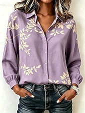 baratos Blusas Florais-Mulheres Camisa Social Botões Imprimir Floral Gráfico Elegante Vintage Tropical Manga Longa Colarinho de Camisa Tops regulares Casual Diário Trabalho Azul Roxo Verde Verão Primavera Outono