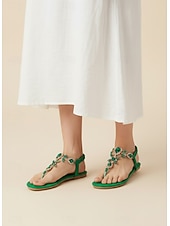 abordables Sandalias Planas-Sandalias con tira en T y adorno de diamantes de imitación verdes para mujer con correa elástica en el tobillo: calzado de verano elegante para playa, fiestas o ropa informal