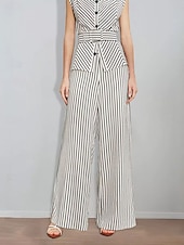 cheap Semi-formal / Cocktail-Striped Print Two Piece Pantsuit Mother of the Bride Pantsuit Classic Simple Minimalist Crew Neck Floor Length Metal Buttons Sleeveless with Sash / Ribbon