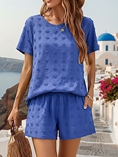 cheap Women's Blouse Suits-Women's Textured Shorts Sets Short Sleeve Round Neck Solid Color Fashion Streetwear Casual Daily Outdoor Blue Black Camel Summer Loose Fit