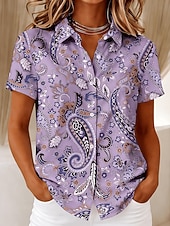 billige Kunst og Design Bluser-Dame Skjorte Knapper Trykt mønster Grafisk Paisly Årgang Stilfull Moderne Kortermet Skjortekrage Vanlige topper Avslappet Daglig Lysegrønn Lysebrun Lilla Brun Grønn Sommer Vår