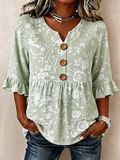  Mujer Blusa Botones Estampado Floral Graphic Vintage Elegante Moderno Media Manga Escote en Pico Tops regulares Casual Diario Azul Piscina Verde salvia Morado Caqui Verano Primavera