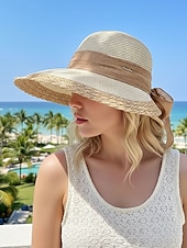 abordables Sombreros de mujer-Sombrero de paja bohemio para mujer, ala ancha, varios colores, decoración con lazo, sombrero de playa ligero para verano, vacaciones, ropa informal para exteriores