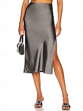 economico Gonne Formali-Per donna Gonne in raso Elegante Moda Midi Vita Alta Gonne Semplice Con Spacco Micro-elastico Feste Data Nero Champagne Marrone Verde Estate