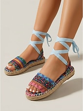 voordelige Naiset-Women's Colorful Printed Espadrille Flats with Lace-Up Design – Comfortable &amp; Stylish Beach and Island Vacation Shoes for Summer Getaways