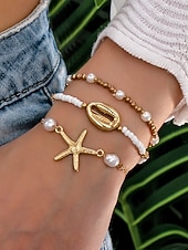 Χαμηλού Κόστους Γυναικείο βραχιόλι-Σετ γυναικείων ελαστικών βραχιολιών μποέμ στυλ, 3 τεμάχια, υλικό κράματος αλουμινίου, χρώματα χρυσού &amp; ασημί, ρυθμιζόμενη εφαρμογή, ιδανικό για διακοπές στην παραλία, casual καθημερινή χρήση