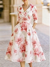 cheap Tea Length-A-Line Tea Length Party Dress Cocktail Dress Wedding Guest Dress Mother of the Bride Dress 3/4 Length Sleeve V Neck Shirt Collar Elegant Vintage Formal Organza Jacquard with Floral Print