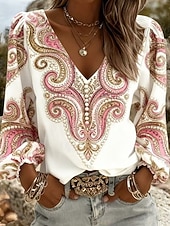 economico Arte &amp; Design Bluse-Per donna Camicia Grafico Geometrico Paisley Bohemien Vacanza Vintage Manica Lunga Scollo a V Top Regolari Casuale Quotidiano Ferie Blu / nero Rosa Blu scuro Beige Estate Primavera