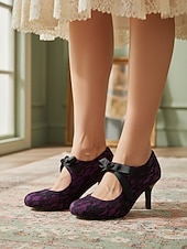 economico Retrò anni ’50-Décolleté vintage anni '50 da donna in pizzo viola scuro - eleganti scarpe con tacco in pizzo floreale viola intenso e fiocco in nastro di raso &amp;cinturini incrociati per balli retrò e serate di gala