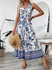 voordelige Bloemenjurken-Dames Maxi-jurk A lijn jurk Slipdress Vakantie Casual Buiten Uitgaan Standaard pasvorm Bloemig Mouwloos V-hals blauw Zomer Lente