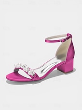 cheap Heeled Sandals-Women's Navy Pearl Embellished Chunky Heel Sandals - Elegant Ankle Strap Cocktail Party Dress Shoes