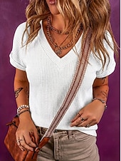 cheap Plain tee-Women's Waffle T-shirt Tee Top Solid Color Elegant Fashion Stylish Short Sleeve Batwing Sleeve V Neck Regular Tops Casual Going out Black White Pink Green Apricot Summer Spring