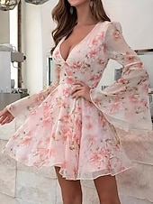 cheap Chiffon Dresses-Women's Mini Dress Chiffon Dress Casual Dress Print Dress Elegant Fashion Modern Outdoor Vacation Going out Regular Fit Floral Long Sleeve V Neck Pink Summer Spring