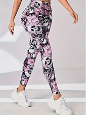 abordables Leggings y mallas de yoga-Women's Pilates Pants Yoga Pants Ruched Butt Lifting High Waist Gym Workout Running Fitness Leggings Skull Floral Botanical Pink Sports Activewear