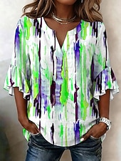 cheap Art&amp;Design Blouses-Women's Blouse Ruffle Print Graphic Geometric Vacation Daily Retro Vintage 3/4 Length Sleeve V Neck Regular Tops Casual Daily Holiday Blue Purple Orange Green Summer Spring