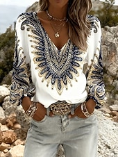abordables Arte &amp; Diseño Blusas-Mujer Camisa camisa boho Estampado Graphic Cachemir Elegante Bohemia Vacaciones Manga Larga Escote en Pico Tops largos Casual Diario Festivos Azul Piscina Blanco Naranja Gris Verano Primavera
