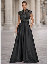 economico Abiti da Sera a Linea A-Linea ad A Lunghezza al pavimento Abito da Sera Elegante Scintillante Brillanti Manica Corta Collo Alto Festa serale Matrimonio Tasca Raso Tulle con Pieghe Perline ricamate