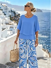  Conjuntos de 2 Peças Femininos Moda Streetwear Casual Calças Sem Mangas Manga Curta Decote Redondo Impressão Gráfica Floral Férias Casual Diários Rosa Azul Azul Céu Verão Ajuste Solto