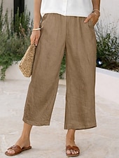  Mulheres Calças com toque de linho Calças Capri Calças Shorts de verão Férias Moda Básico Comprimento total Cintura Alta Côr Sólida Tecido Bolsos Perna larga Cintura elástica Conforto Macio Respirável