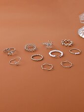 billiga Damringar-Justerbart bohemiskt ringset med 10 delar för kvinnor, stapelbara fingerringar i guld- och silverfärgad legering för strandsemester, festivalstil och vardagskläder