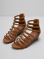 cheap Gladiator Sandals-Women's Brown Wedge Gladiator Sandals – Strappy Open Toe Summer Shoes with Cushioned Comfort, Lightweight Fashion Sandals for Travel, Walking, Beach &amp; Everyday Wear