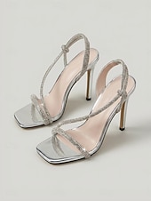 abordables Sandalias de tacón-Sandalias de tacón de aguja plateadas con pedrería para mujer, zapatos elegantes de vestir con tira en T y punta abierta para cócteles y eventos nocturnos. &amp;ocasiones formales