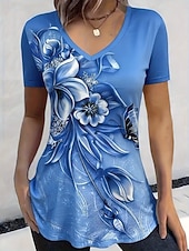 economico T-shirt floreale-Per donna Maglietta Stampato Ombre Floreale Grafico Elegante Classico Casual Manica Corta Scollo a V Top Regolari Quotidiano Blu Rosso Arancione Grigio Estate Primavera