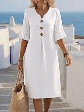 tanie Podstawowe sztuczne sukienki-Damskie Sukienka midi Sztuczna bawełna len Sukienka trapezowa Codzienny Codzienny Luźna Równina Rękaw 3/4 W serek Niebieski Czarny Biały Zielony Lato Wiosna Jesień