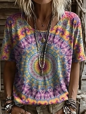 economico T-shirt Boho-Per donna Maglietta Stampato Floreale Grafico Geometrico Vintage Elegante Casual Manica Corta Girocollo Top lunghi Casuale Quotidiano Weekend Blu Rosa Viola chiaro Estate Primavera