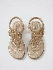 preiswerte Flache Sandalen-Funkelnde goldene Strass-Zehentrenner-Sandalen für Damen – elegant verziert mit Strasssteinen und metallischen Riemen, ideal für den Strandurlaub &amp;tropische Inselresorts