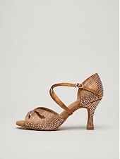 abordables Latin Shoes-Women's Tan Rhinestone Latin Dance Heels - Sparkling Strappy Salsa Ballroom Shoes