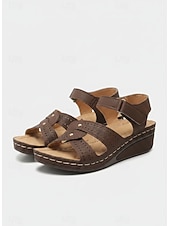 abordables Sandales Plates-Sandales compensées beiges pour femmes avec bride auto-agrippante et design découpé, chaussures à bout ouvert confortables pour la marche, les voyages d'été et les tenues décontractées au quotidien