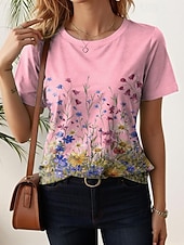 tanie koszulka w kwiaty-Damskie Podkoszulek Nadruk Kwiaty Graficzny Rośliny Moda Elegancki Klasyczny Krótki rękaw Półgolf Zwykłe topy Codzienny Weekend Niebieski Żółty Rumiany róż Jasnofioletowy Lato Wiosna