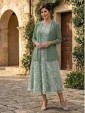 preiswerte Mamas Kleidersets-Zweiteilig A-Linie Knöchellänge Tee-Länge Kleid für Hochzeitsgäste Brautmutterkleid Ärmellos Dreiviertelarm Rundhalsausschnitt Elegant Einfach Minimalistisch Formell Semi-Formal Chiffon Spitze mit