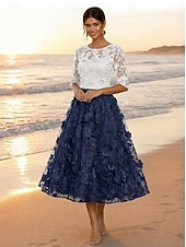 cheap Cocktail Dresses-A-Line Tea Length Lace Dress Cocktail Dresses Elegant Vintage Floral Half Sleeve Crew Neck Garden Party Wedding Pocket Satin Tulle with Embroidered Flower Appliques