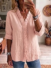 preiswerte Hemden-Damen Hemd Patchwork Bestickt Einfarbig Einfach Elegant Bohemien Urlaub Umlegekragen Lange Oberteile Lässig Blau Gelb Rosa Sommer Frühling