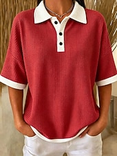  Women's Waffle T-shirt Polo Shirts Tee Waffle Knit Tops Color Block Fashion Classic Patchwork Short Sleeve Polo Collar Long Tops Casual Daily Beach Wear Blue Pink Red Green Summer Spring