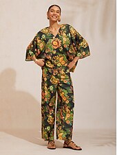 preiswerte Damenhosen-Seidensatinhose mit Paisley-Muster und weitem Bein