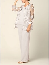 cheap Mom's Pant Suits-Jumpsuit Pantsuit 3 Piece Floor Length Mother of the Bride Dress Long Sleeve Crew Neck Elegant Formal Wedding Guest Chiffon Wrap Included with Lace Embroidery