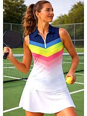 お買い得  女性用シャツ-女性用 幾何学模様 縞柄 トップス スポーツシャツ ポロシャツ テニスシャツ ノースリーブ ジッパー 花柄 UPF50+ UV耐性 高弾性 吸汗性 高通気性 テニス ゴルフ ピクルスボール 折襟 Ｖネック スカート シャツ 青と白 ブルー パープル テニスウェア