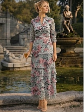 preiswerte Knöchellänge-A-Linie Kleid Knöchellänge Cocktailkleid Brautmutterkleid Dreiviertelarm V Ausschnitt Elegant Lässig Formell Hochzeitsgast Ferien Chiffon mit Blumenmuster Rüschen Kaskadierende Rüschen