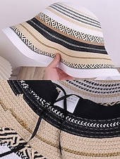 cheap Vacation &amp; Travel Bags-Women's Bohemian Striped Straw Tote Bag and Sun Hat Set, Boho Ethnic Woven Beach Vacation Handbag Set in Multiple Colors for Resort Travel, Casual Summer Outfits and Everyday Wear